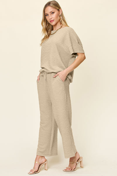 Double Take Full Size Texture Short Sleeve Top and Pants Set