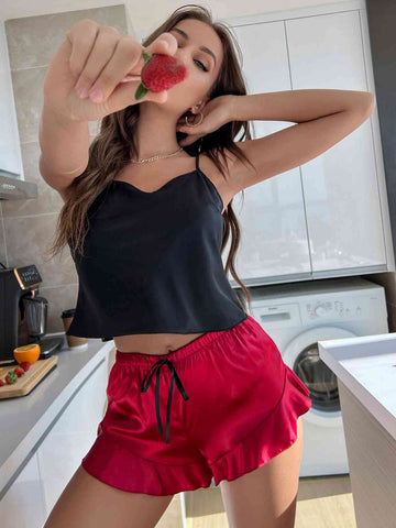 Two-Tone Cropped Cami and Ruffle Hem Satin Pajama Set